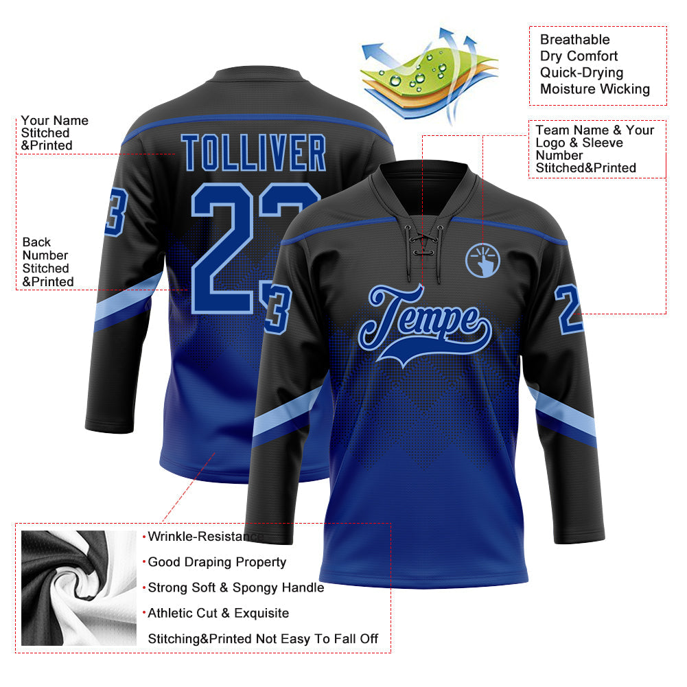 Custom Black Royal-Light Blue 3D Pattern Gradient Square Shapes Hockey Lace Neck Jersey view 3