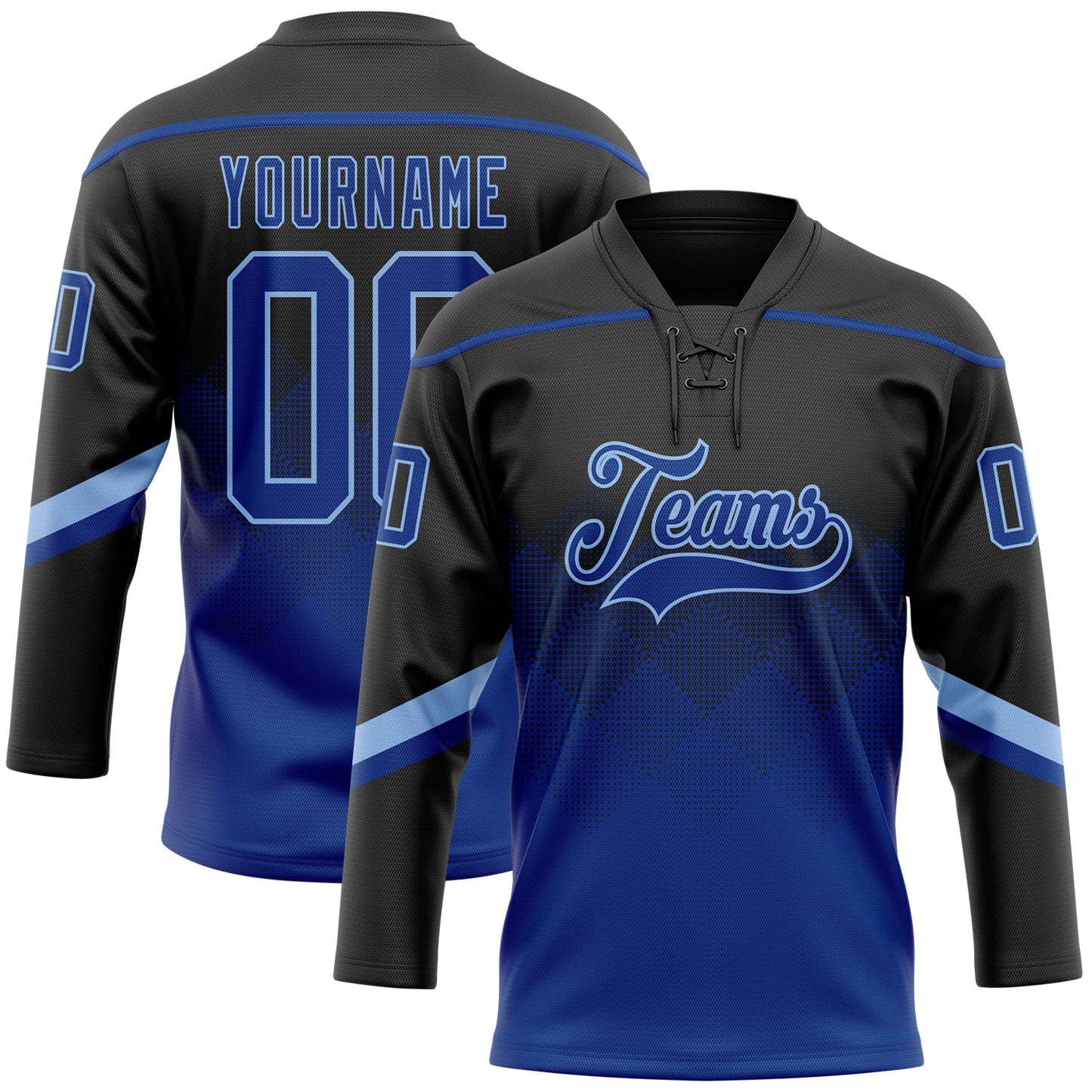 Custom Black Royal-Light Blue 3D Pattern Gradient Square Shapes Hockey Lace Neck Jersey - Main View