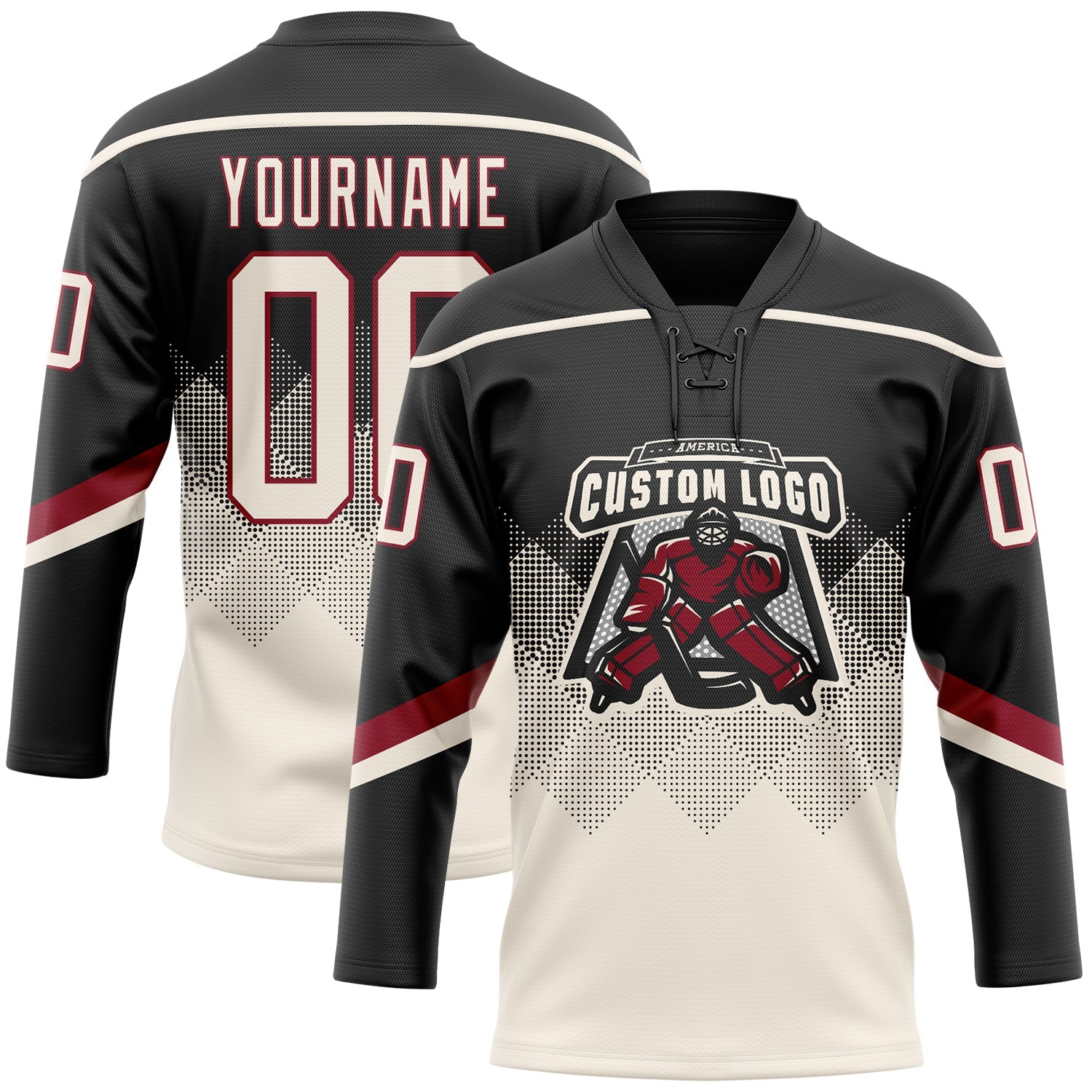 Custom Black Cream-Crimson 3D Pattern Gradient Square Shapes Hockey Lace Neck Jersey view 2