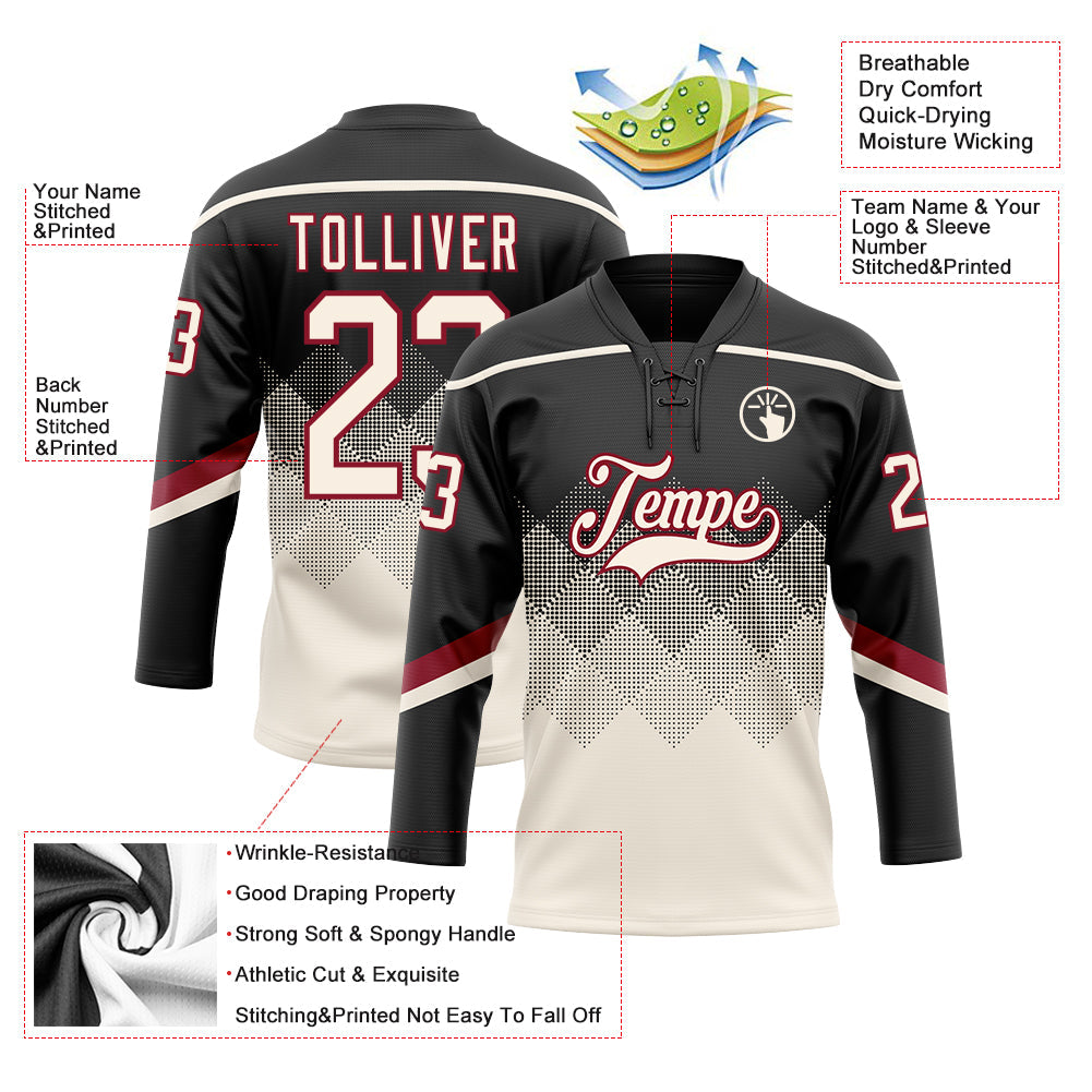 Custom Black Cream-Crimson 3D Pattern Gradient Square Shapes Hockey Lace Neck Jersey view 3