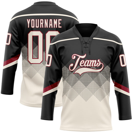 Custom Black Cream-Crimson 3D Pattern Gradient Square Shapes Hockey Lace Neck Jersey - Main View