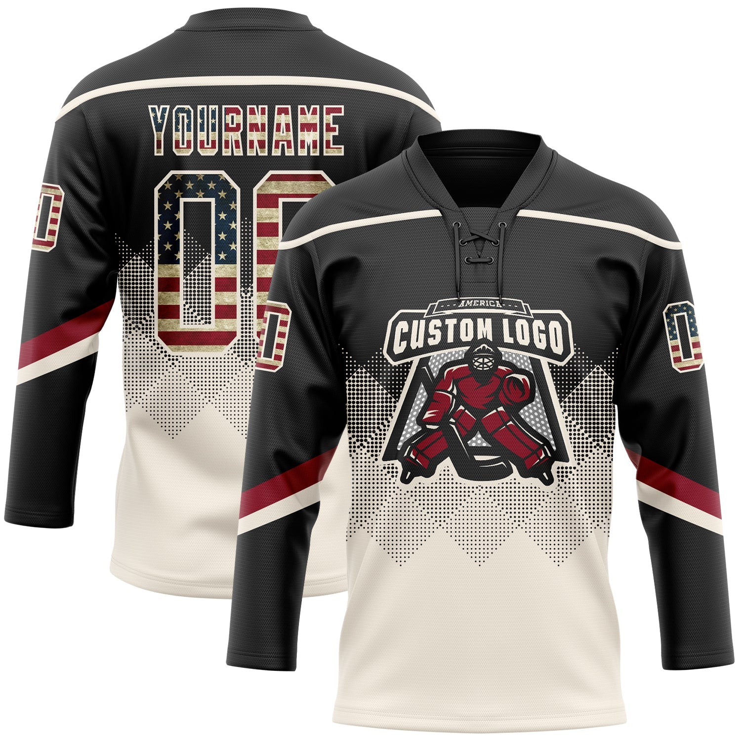 Custom Black Vintage USA Flag Cream-Crimson 3D Pattern Gradient Square Shapes Hockey Lace Neck Jersey view 2
