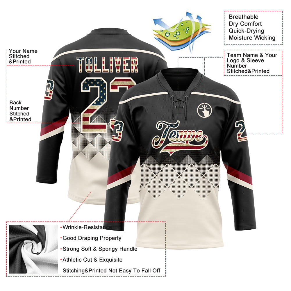 Custom Black Vintage USA Flag Cream-Crimson 3D Pattern Gradient Square Shapes Hockey Lace Neck Jersey view 3