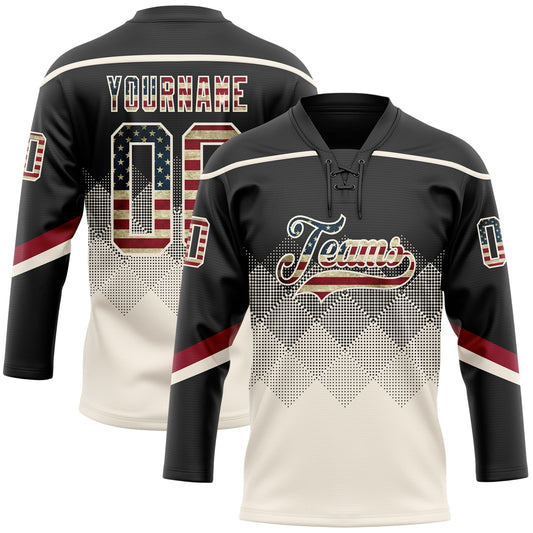 Custom Black Vintage USA Flag Cream-Crimson 3D Pattern Gradient Square Shapes Hockey Lace Neck Jersey - Main View