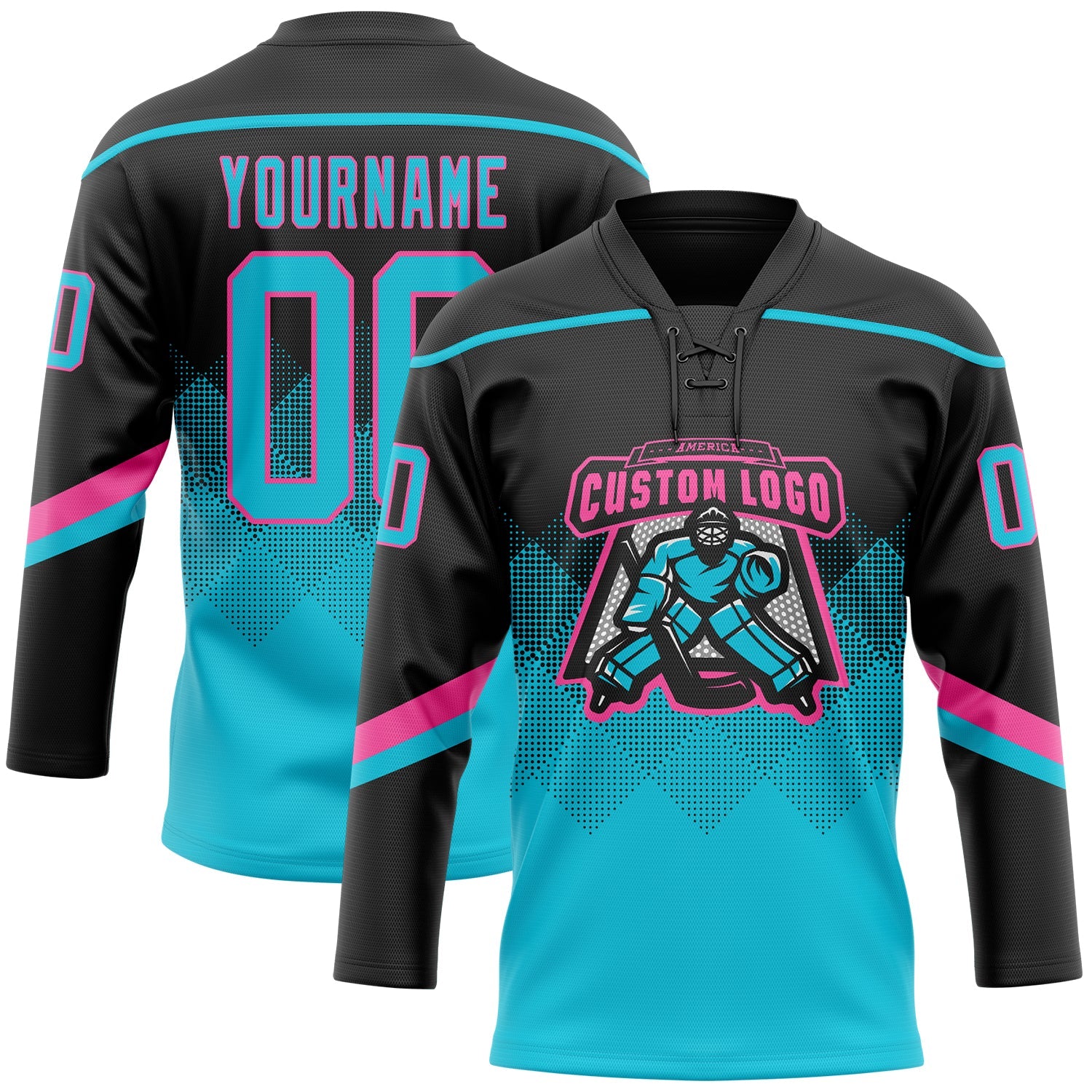 Custom Black Lakes Blue-Pink 3D Pattern Gradient Square Shapes Hockey Lace Neck Jersey view 2