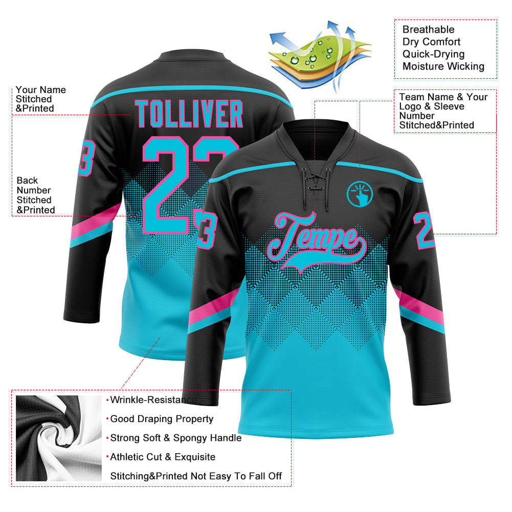 Custom Black Lakes Blue-Pink 3D Pattern Gradient Square Shapes Hockey Lace Neck Jersey view 3