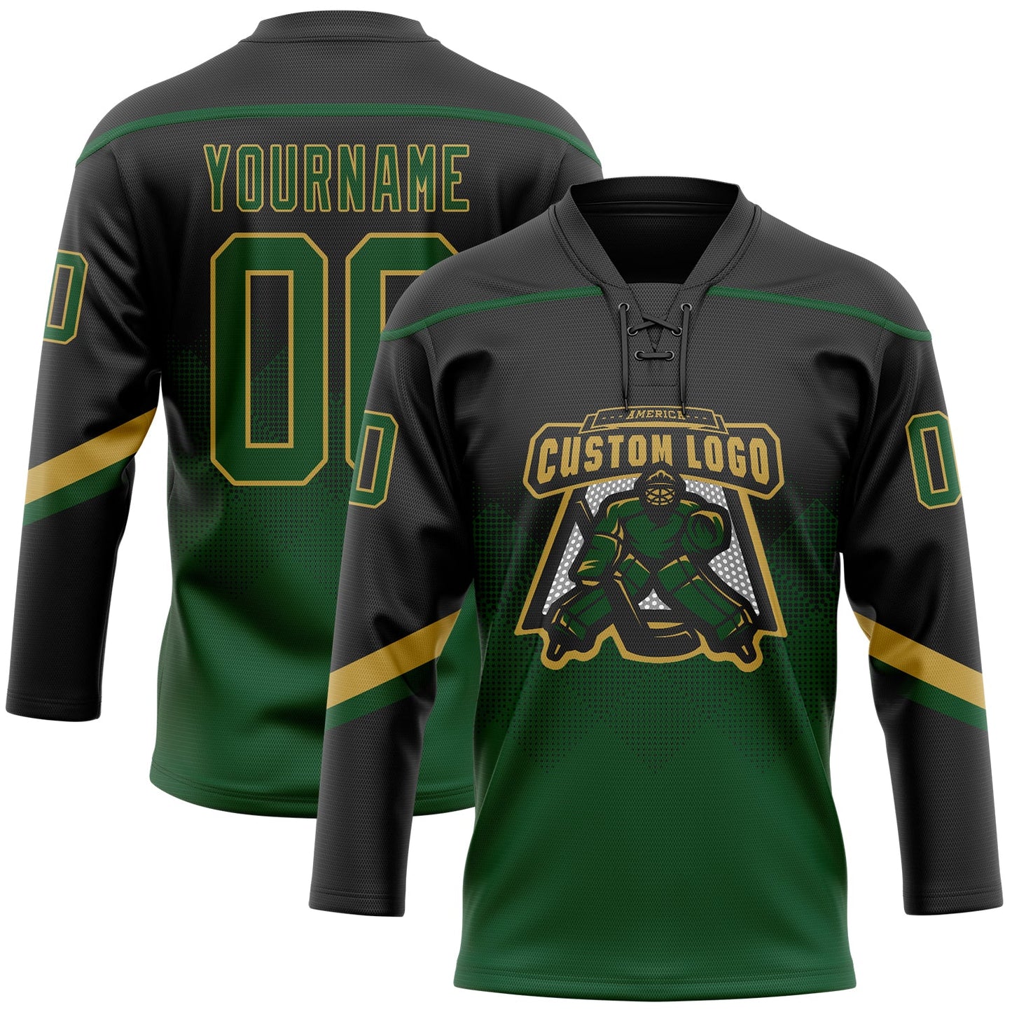 Custom Black Green-Old Gold 3D Pattern Gradient Square Shapes Hockey Lace Neck Jersey view 2