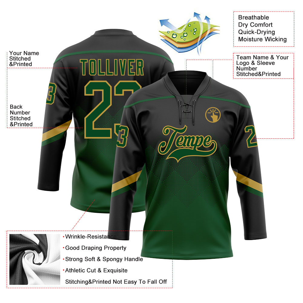 Custom Black Green-Old Gold 3D Pattern Gradient Square Shapes Hockey Lace Neck Jersey view 3