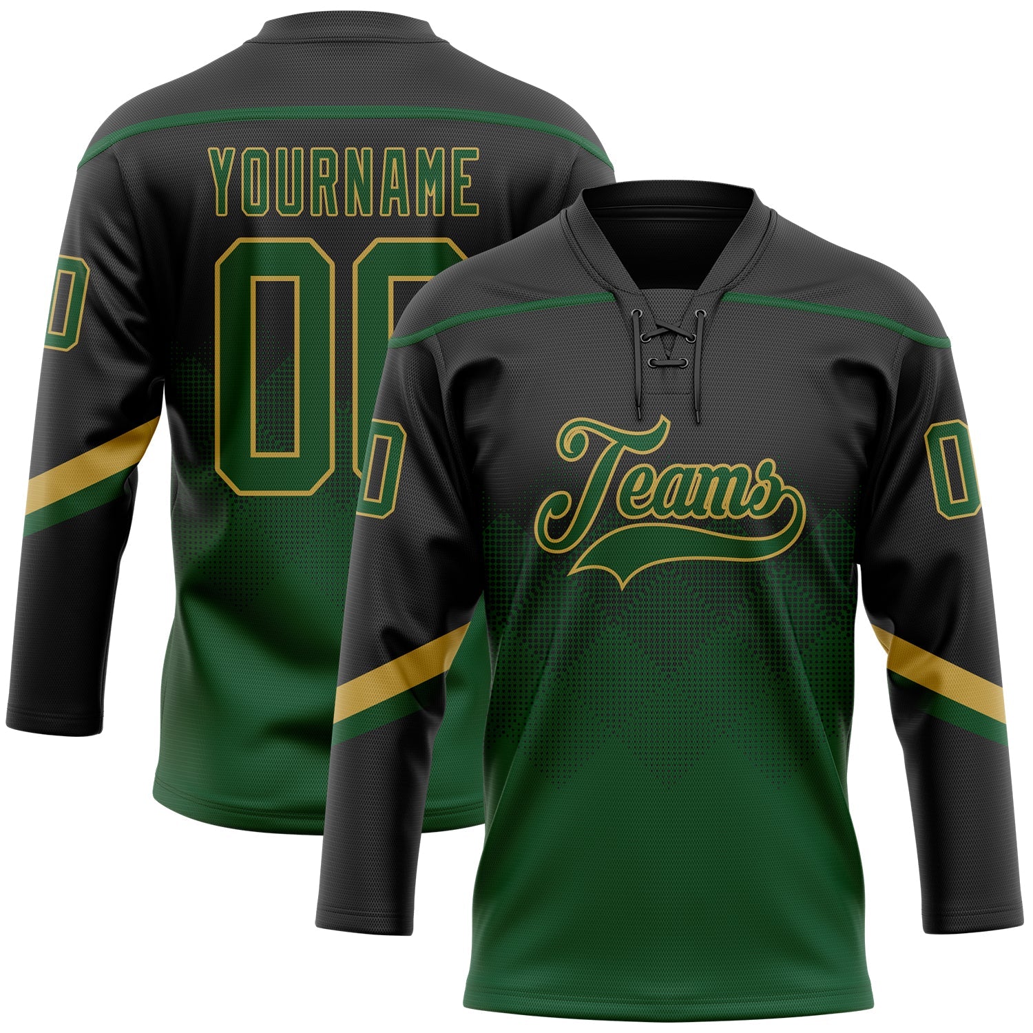 Custom Black Green-Old Gold 3D Pattern Gradient Square Shapes Hockey Lace Neck Jersey - Main View