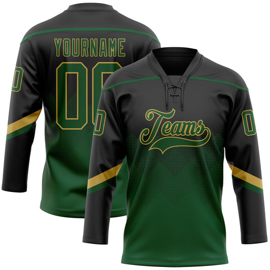 Custom Black Green-Old Gold 3D Pattern Gradient Square Shapes Hockey Lace Neck Jersey - Main View