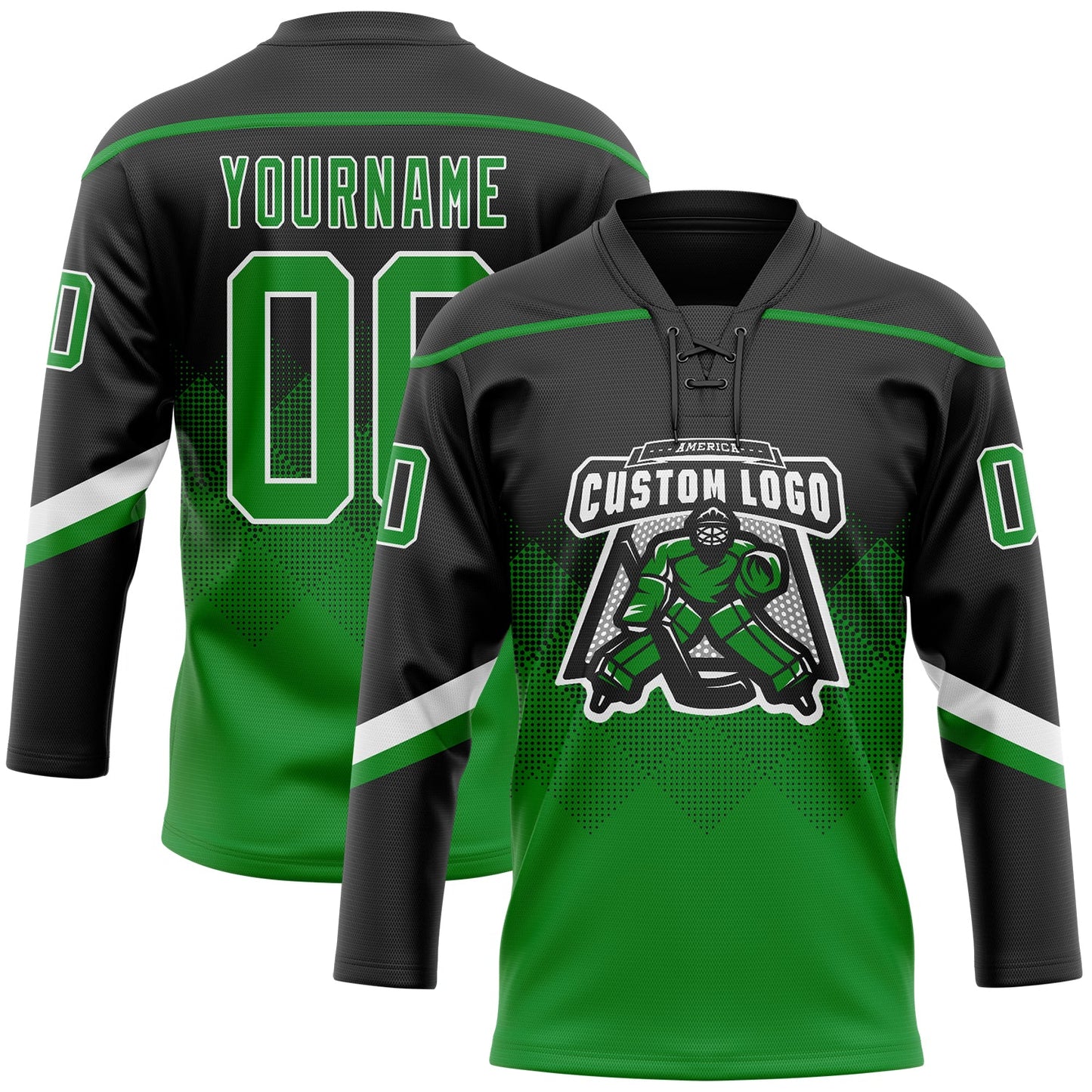 Custom Black Grass Green-White 3D Pattern Gradient Square Shapes Hockey Lace Neck Jersey view 2