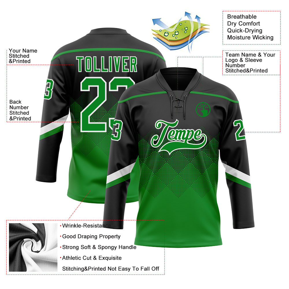 Custom Black Grass Green-White 3D Pattern Gradient Square Shapes Hockey Lace Neck Jersey view 3