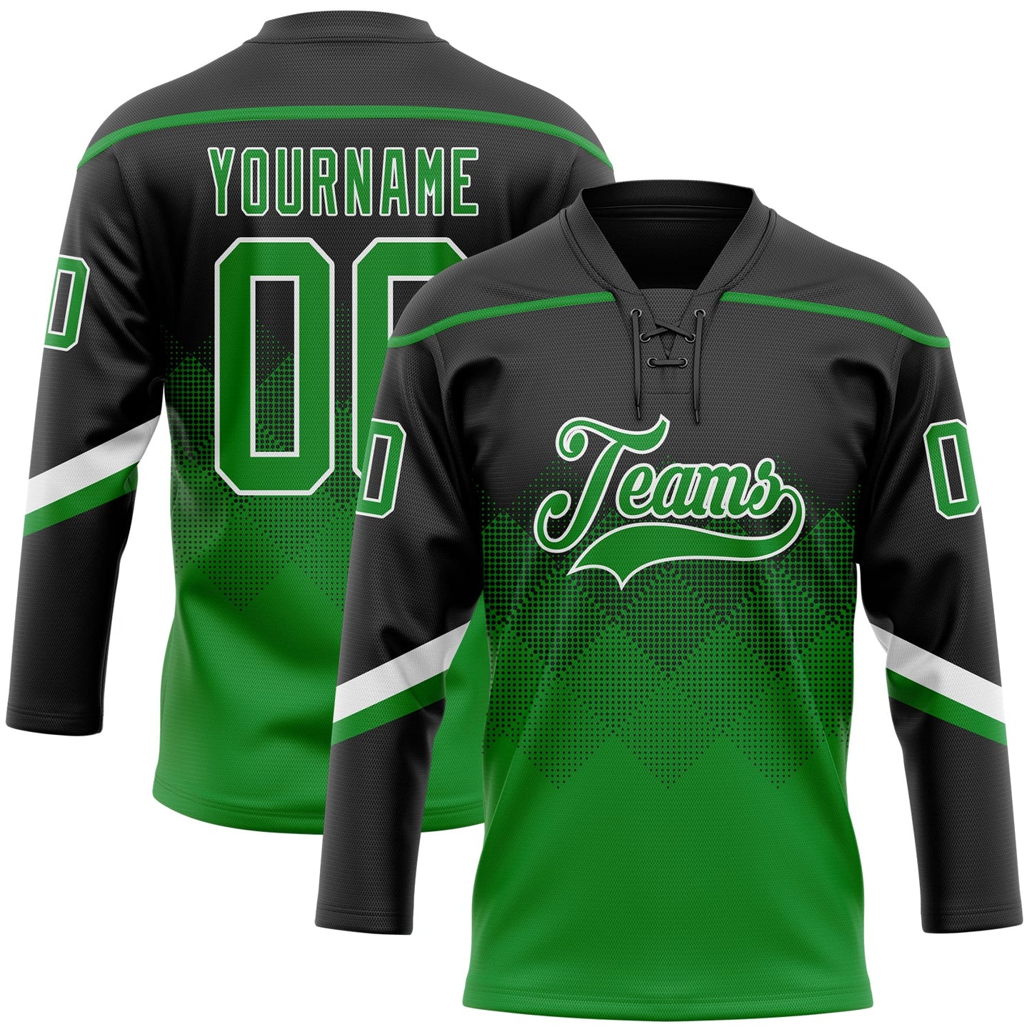Custom Black Grass Green-White 3D Pattern Gradient Square Shapes Hockey Lace Neck Jersey - Main View