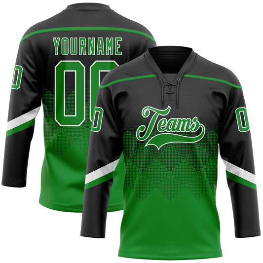 Custom Black Grass Green-White 3D Pattern Gradient Square Shapes Hockey Lace Neck Jersey - Main View