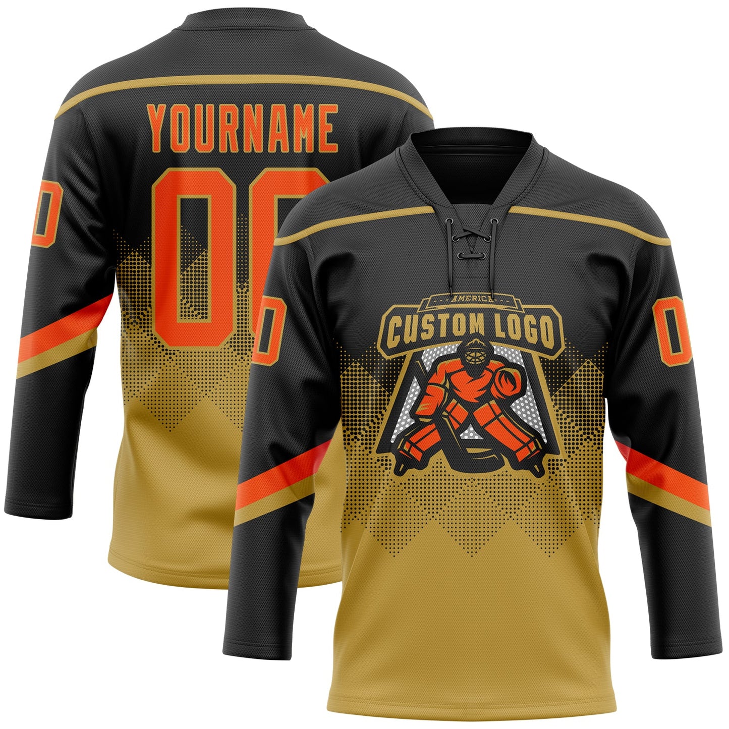Custom Black Orange-Old Gold 3D Pattern Gradient Square Shapes Hockey Lace Neck Jersey view 2