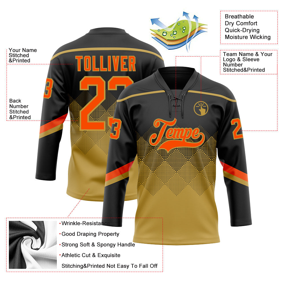 Custom Black Orange-Old Gold 3D Pattern Gradient Square Shapes Hockey Lace Neck Jersey view 3