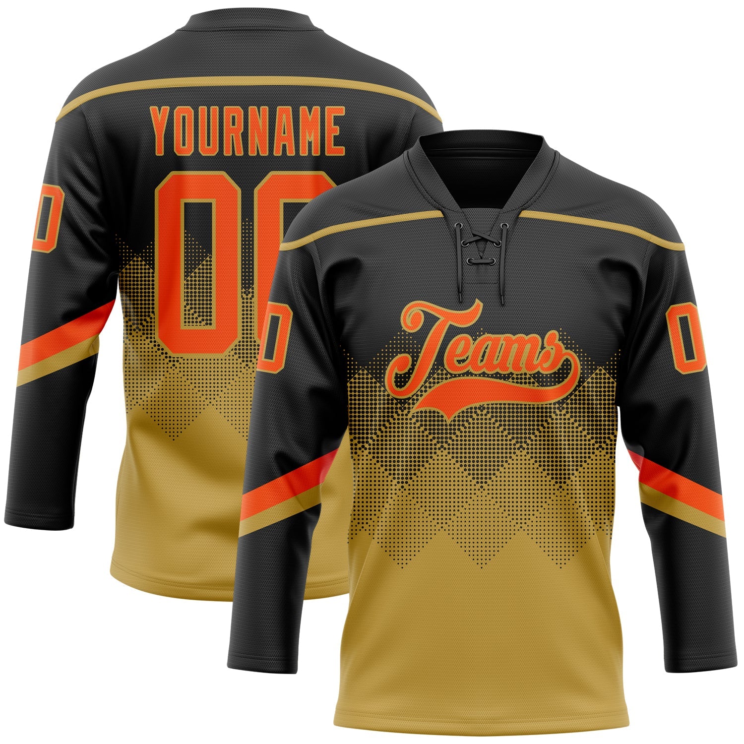 Custom Black Orange-Old Gold 3D Pattern Gradient Square Shapes Hockey Lace Neck Jersey - Main View