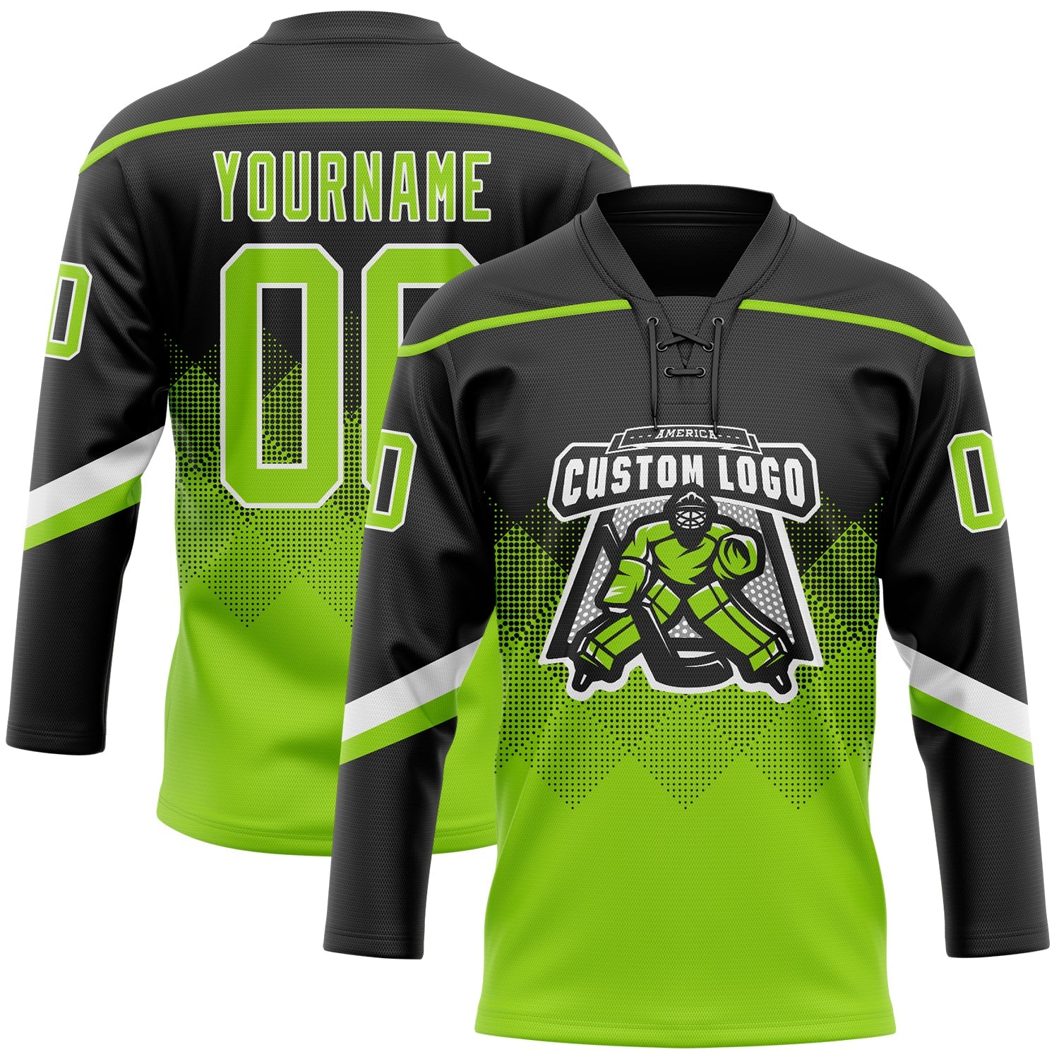 Custom Black Neon Green-White 3D Pattern Gradient Square Shapes Hockey Lace Neck Jersey view 2