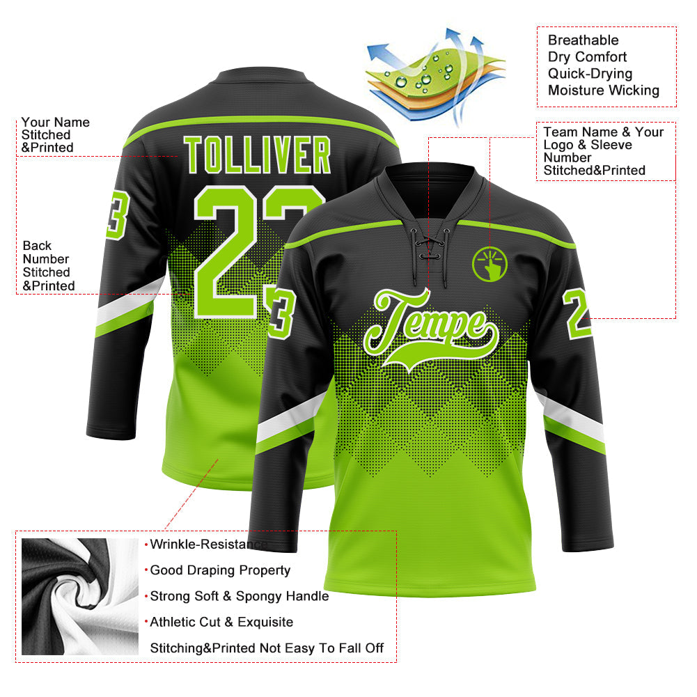Custom Black Neon Green-White 3D Pattern Gradient Square Shapes Hockey Lace Neck Jersey view 3