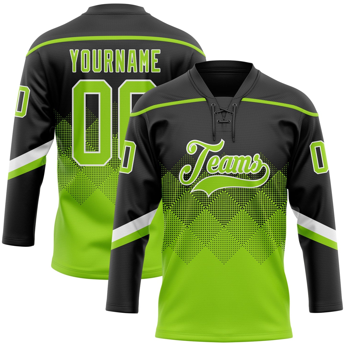 Custom Black Neon Green-White 3D Pattern Gradient Square Shapes Hockey Lace Neck Jersey - Main View