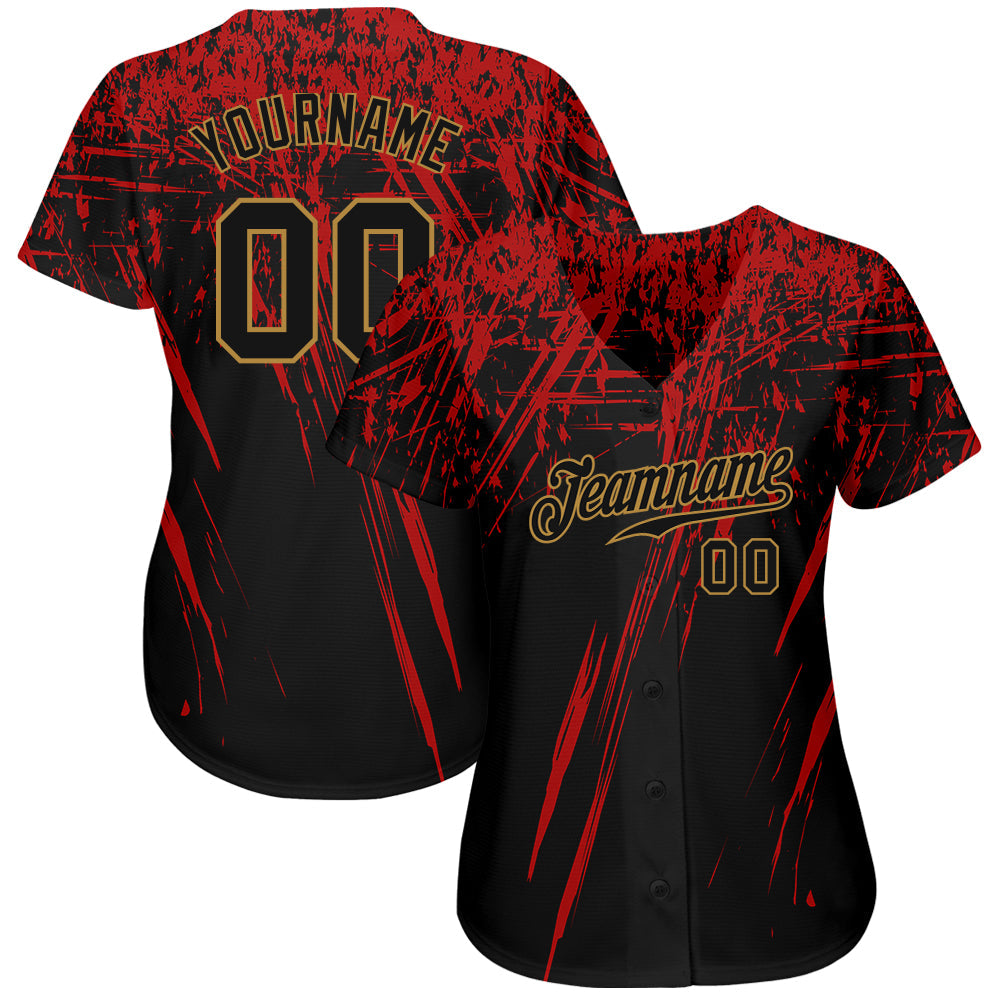 Custom Black Black Red-Old Gold 3D Pattern Design Authentic Baseball Jersey view 2