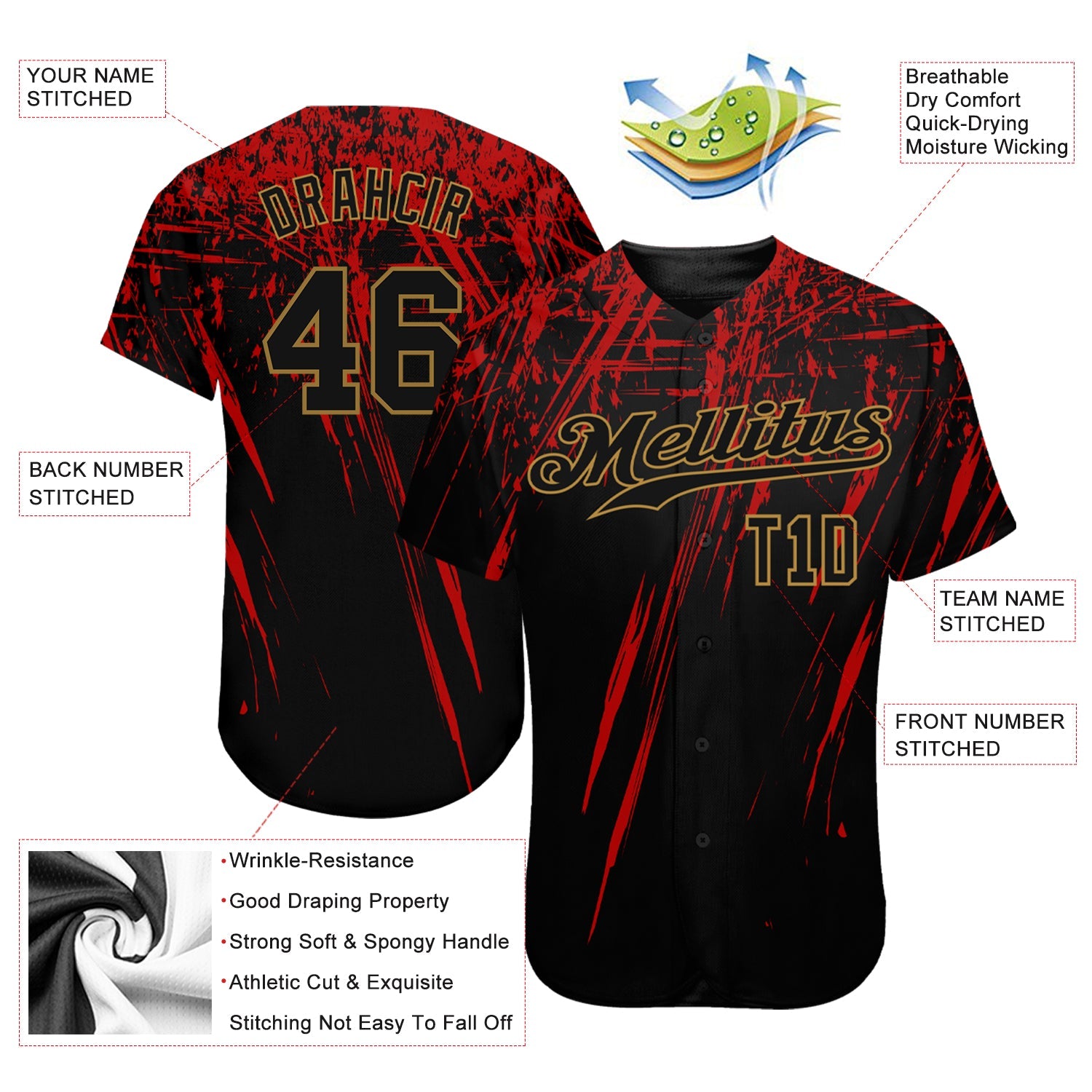Custom Black Black Red-Old Gold 3D Pattern Design Authentic Baseball Jersey view 3