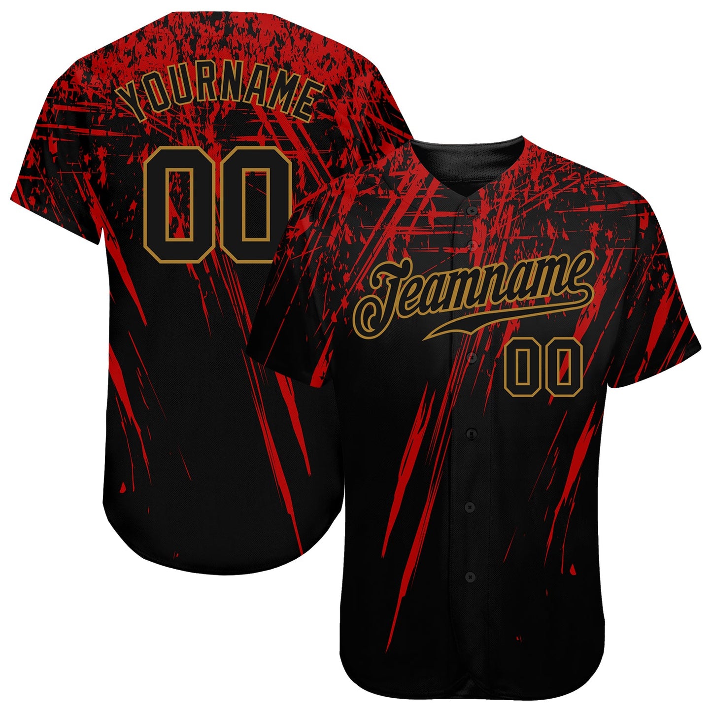Custom Black Black Red-Old Gold 3D Pattern Design Authentic Baseball Jersey - Main View