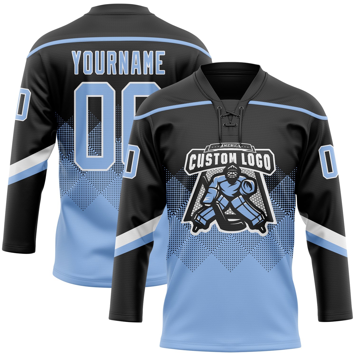 Custom Black Light Blue-White 3D Pattern Gradient Square Shapes Hockey Lace Neck Jersey view 2