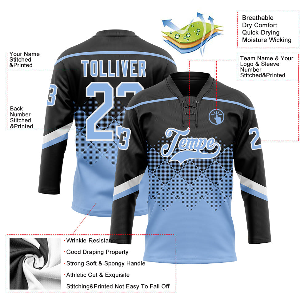 Custom Black Light Blue-White 3D Pattern Gradient Square Shapes Hockey Lace Neck Jersey view 3