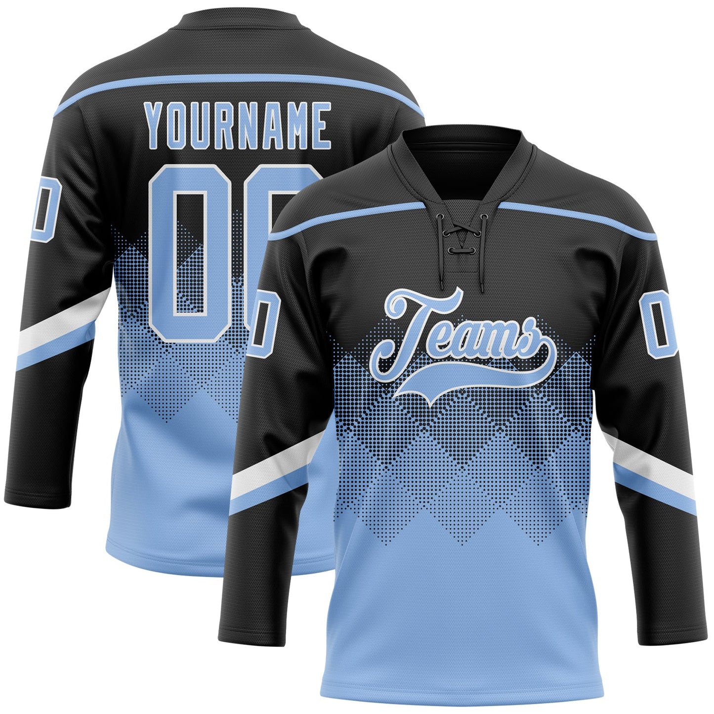 Custom Black Light Blue-White 3D Pattern Gradient Square Shapes Hockey Lace Neck Jersey - Main View