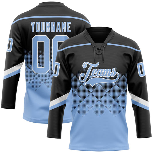 Custom Black Light Blue-White 3D Pattern Gradient Square Shapes Hockey Lace Neck Jersey - Main View