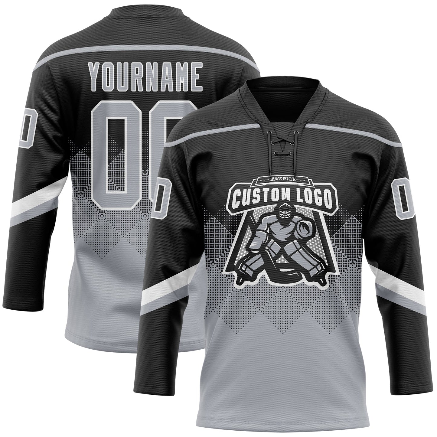 Custom Black Gray-White 3D Pattern Gradient Square Shapes Hockey Lace Neck Jersey view 2