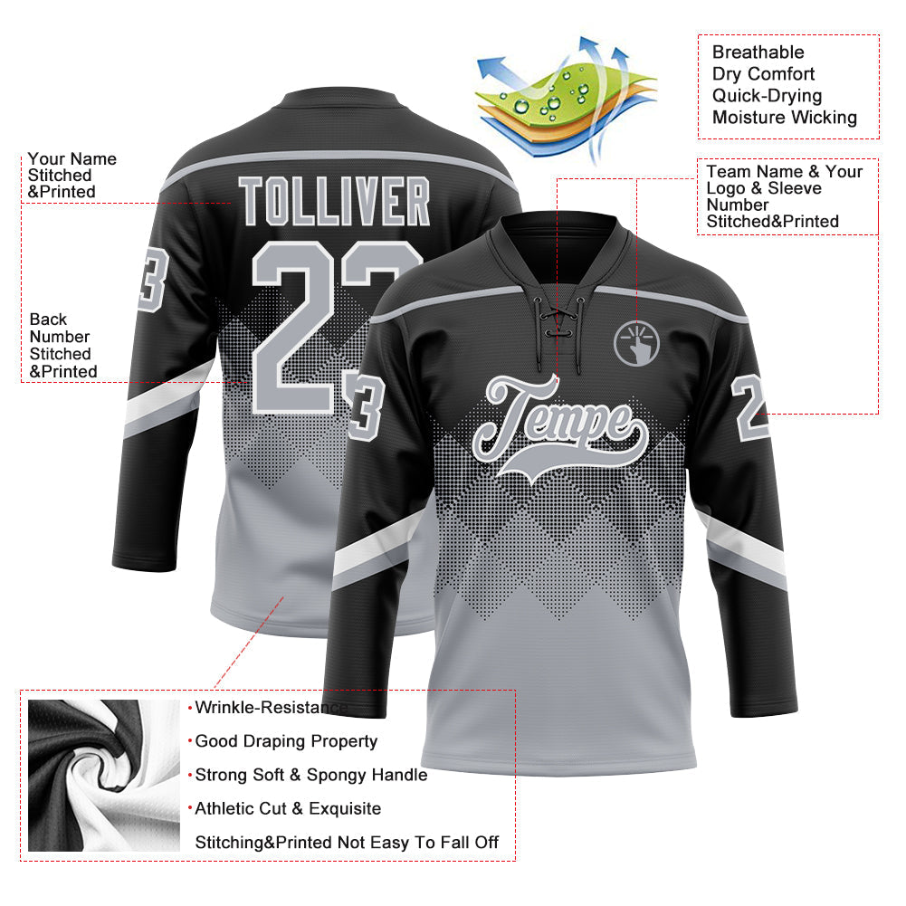 Custom Black Gray-White 3D Pattern Gradient Square Shapes Hockey Lace Neck Jersey view 3