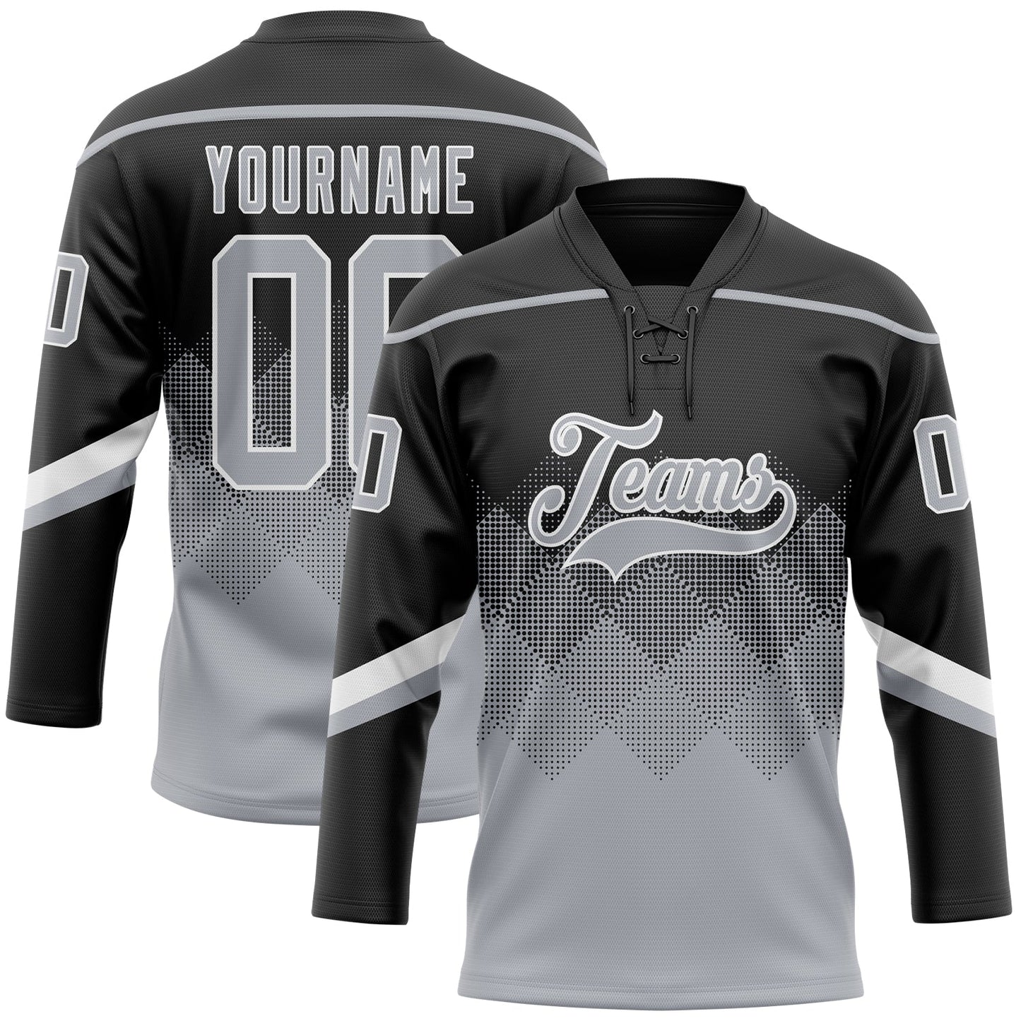 Custom Black Gray-White 3D Pattern Gradient Square Shapes Hockey Lace Neck Jersey - Main View
