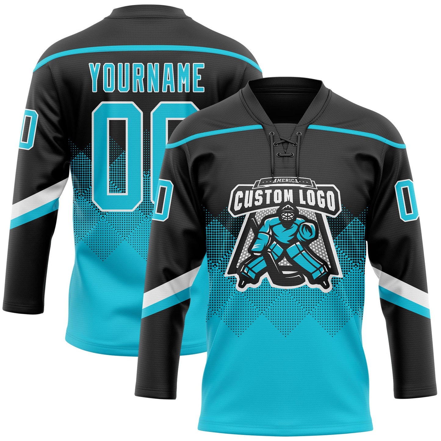 Custom Black Lakes Blue-White 3D Pattern Gradient Square Shapes Hockey Lace Neck Jersey view 2