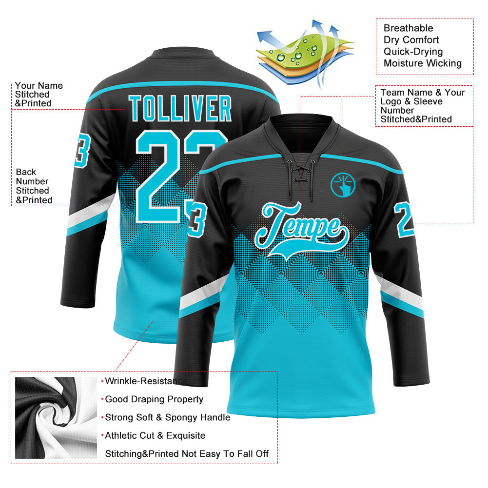 Custom Black Lakes Blue-White 3D Pattern Gradient Square Shapes Hockey Lace Neck Jersey view 3