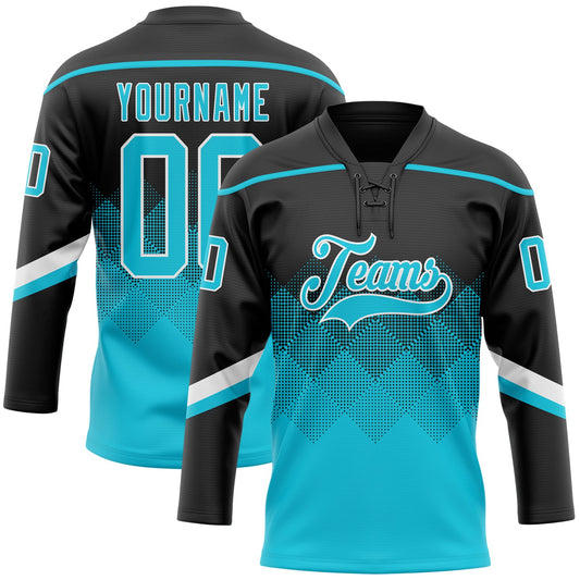 Custom Black Lakes Blue-White 3D Pattern Gradient Square Shapes Hockey Lace Neck Jersey - Main View