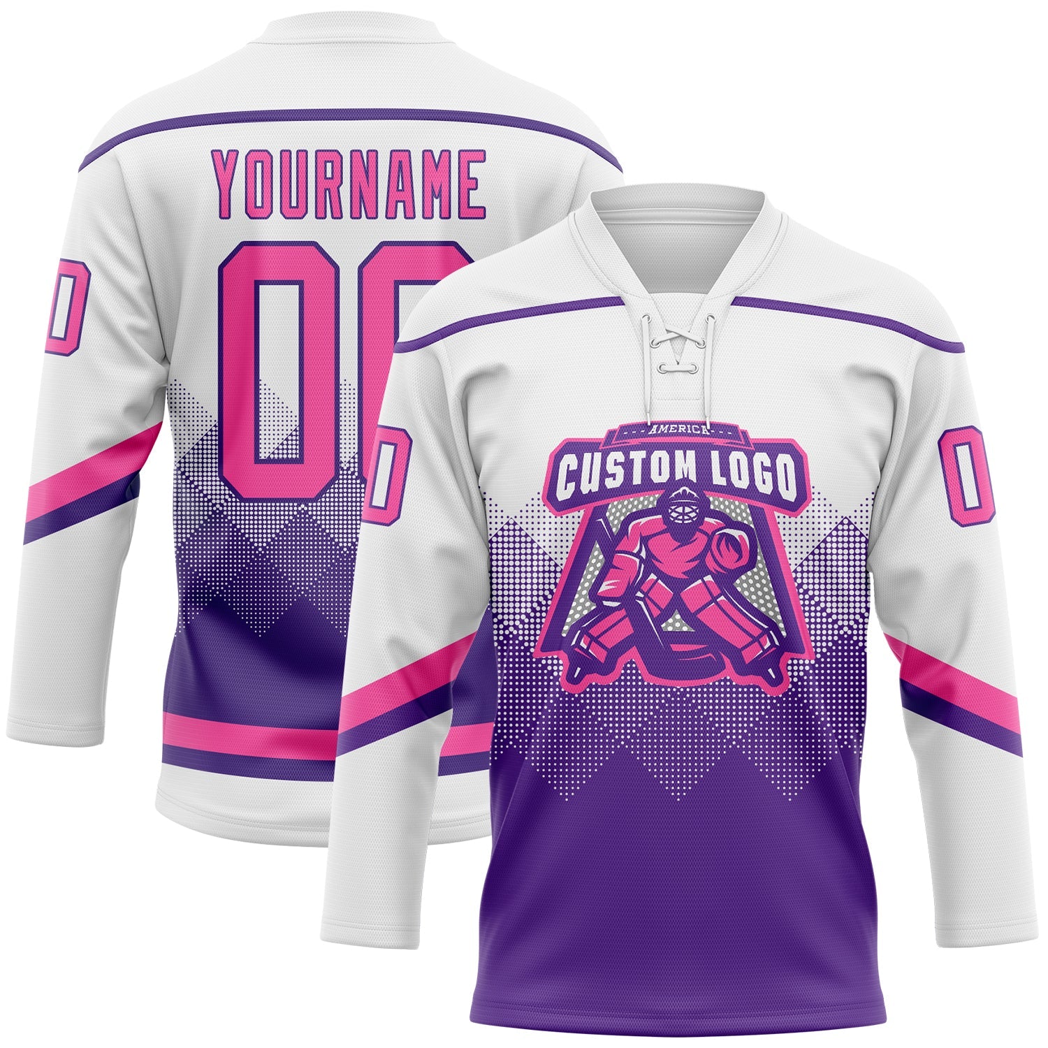 Custom White Pink-Purple 3D Pattern Gradient Square Shapes Hockey Lace Neck Jersey view 2