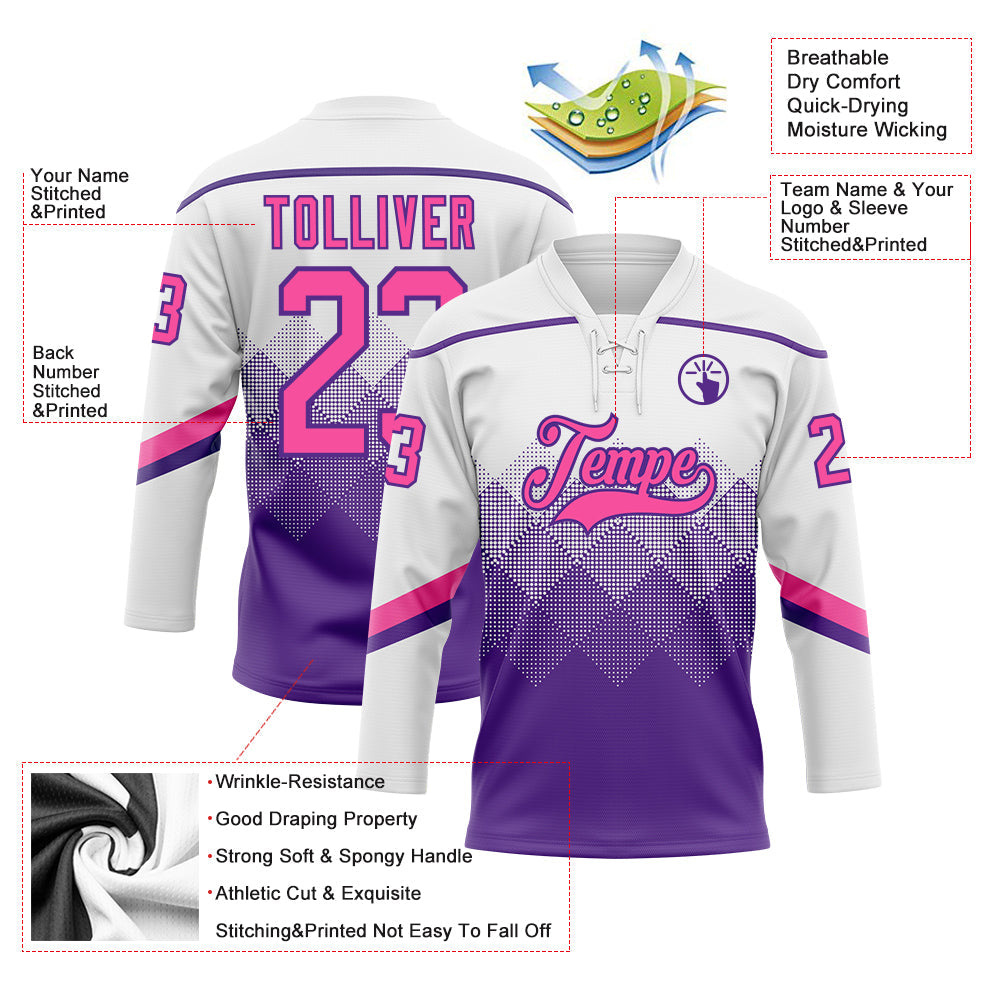Custom White Pink-Purple 3D Pattern Gradient Square Shapes Hockey Lace Neck Jersey view 3