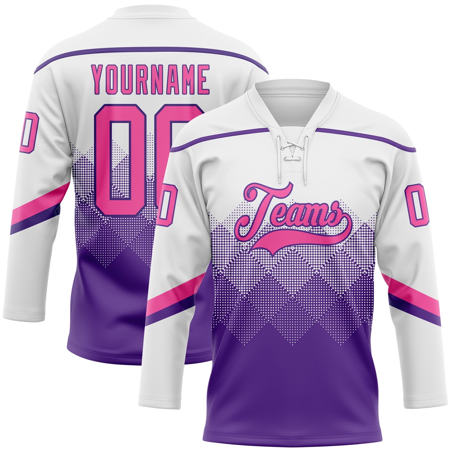 Custom White Pink-Purple 3D Pattern Gradient Square Shapes Hockey Lace Neck Jersey - Main View