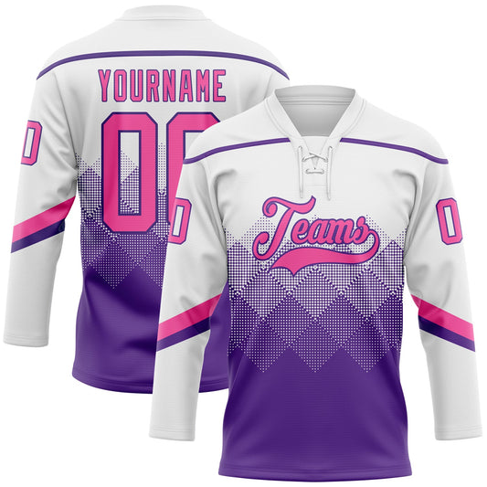 Custom White Pink-Purple 3D Pattern Gradient Square Shapes Hockey Lace Neck Jersey - Main View