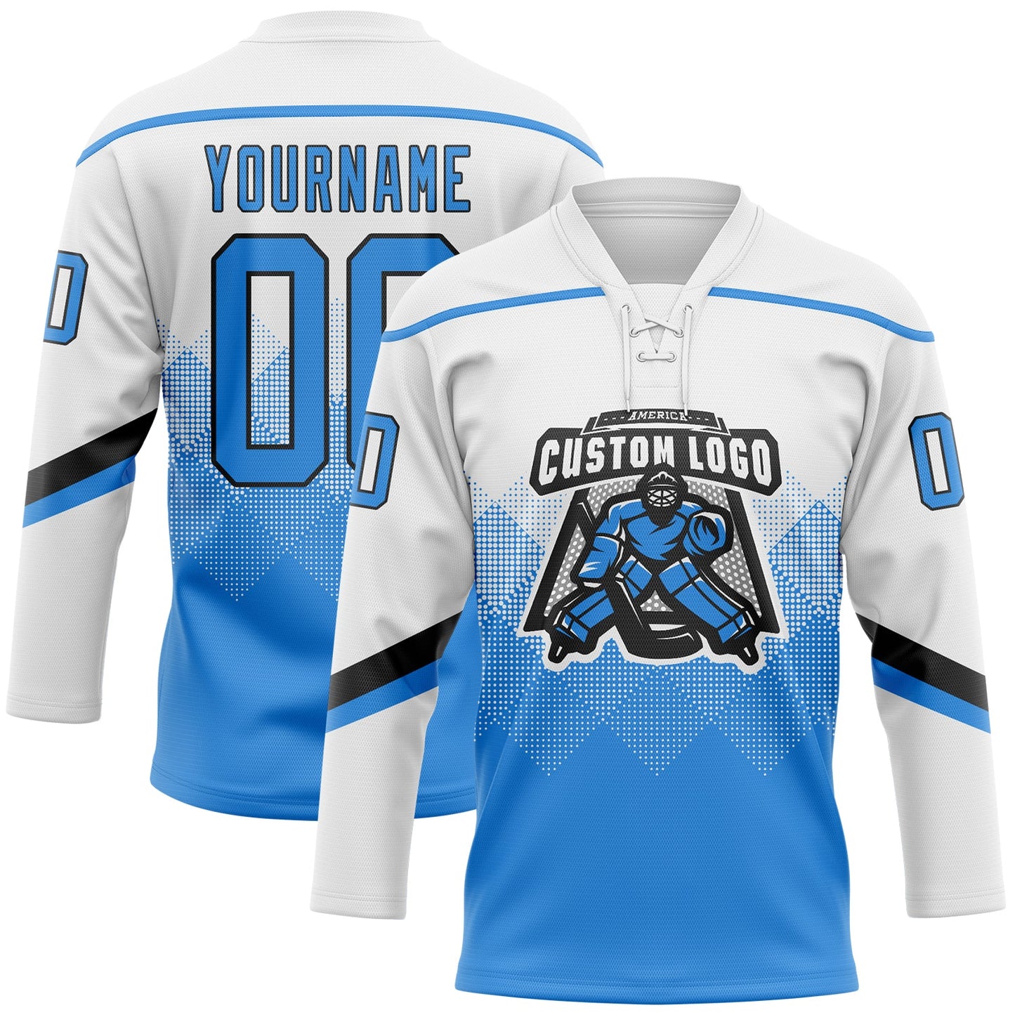 Custom White Powder Blue-Black 3D Pattern Gradient Square Shapes Hockey Lace Neck Jersey view 2