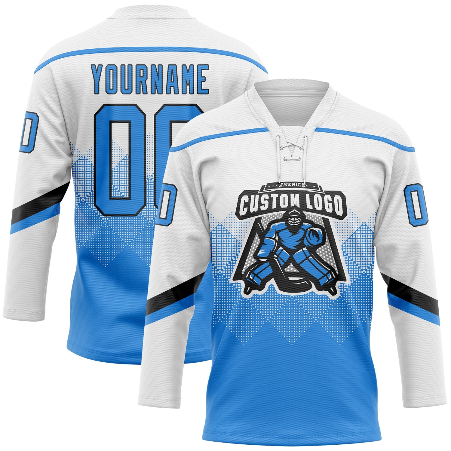 Custom White Powder Blue-Black 3D Pattern Gradient Square Shapes Hockey Lace Neck Jersey view 2