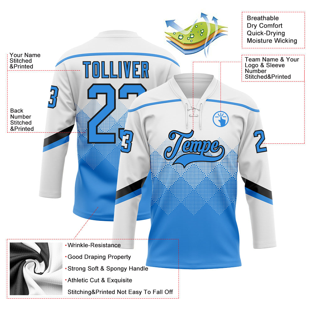 Custom White Powder Blue-Black 3D Pattern Gradient Square Shapes Hockey Lace Neck Jersey view 3