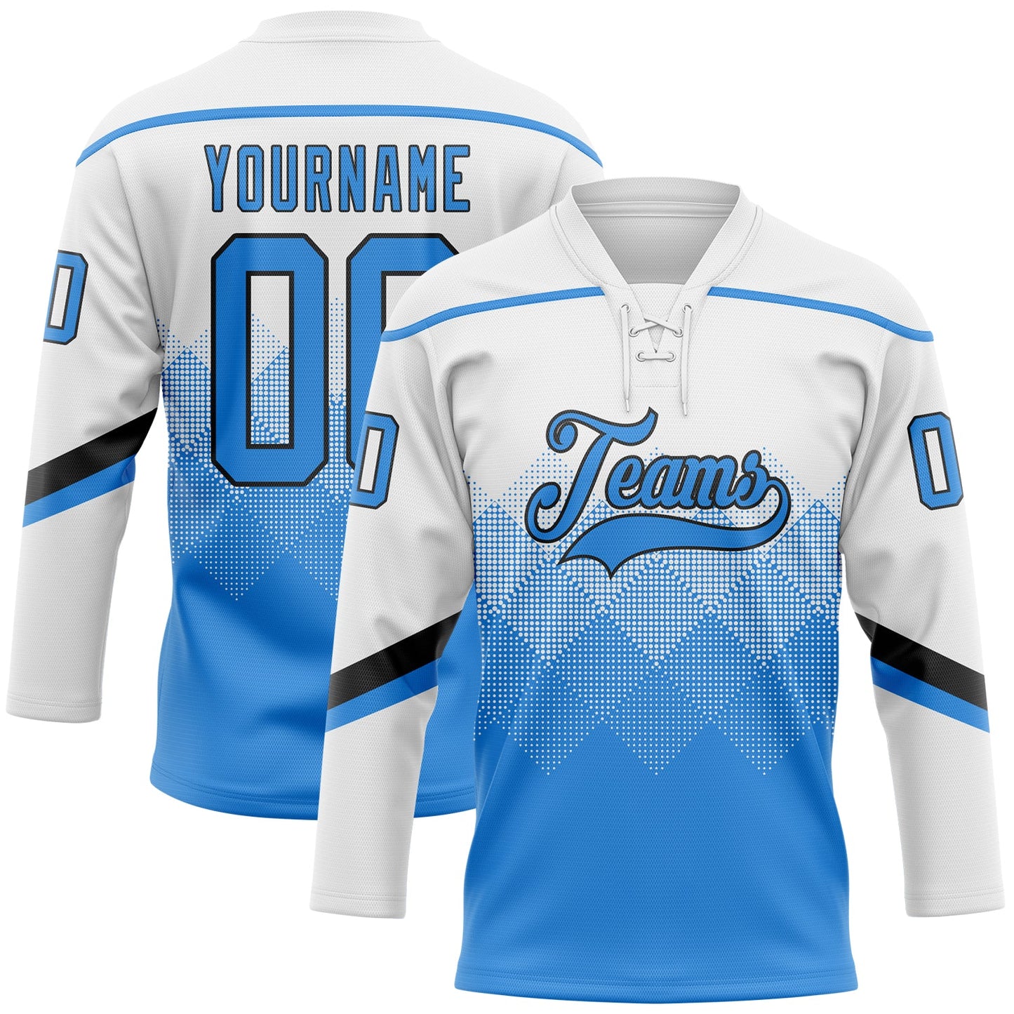 Custom White Powder Blue-Black 3D Pattern Gradient Square Shapes Hockey Lace Neck Jersey - Main View