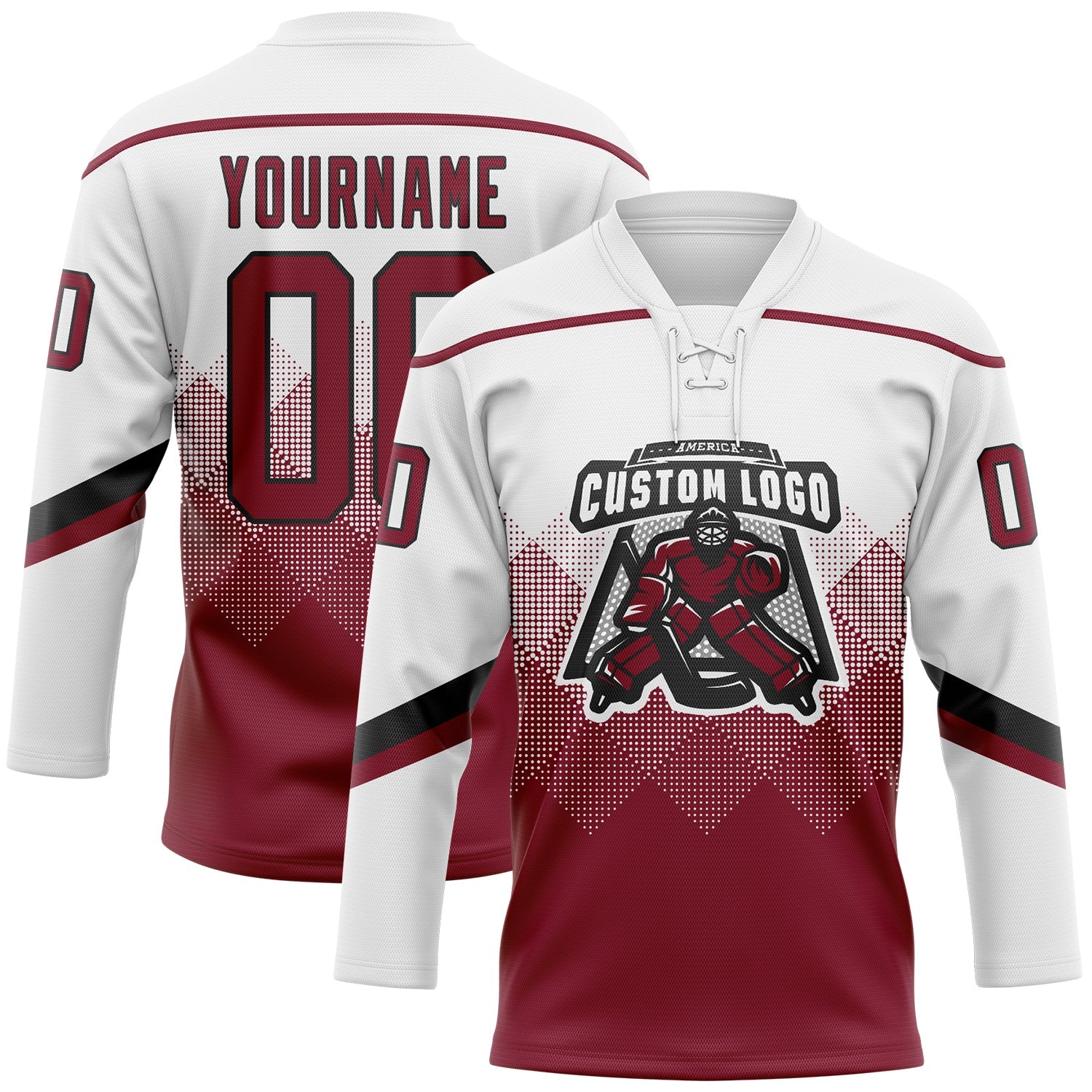 Custom White Crimson-Black 3D Pattern Gradient Square Shapes Hockey Lace Neck Jersey view 2
