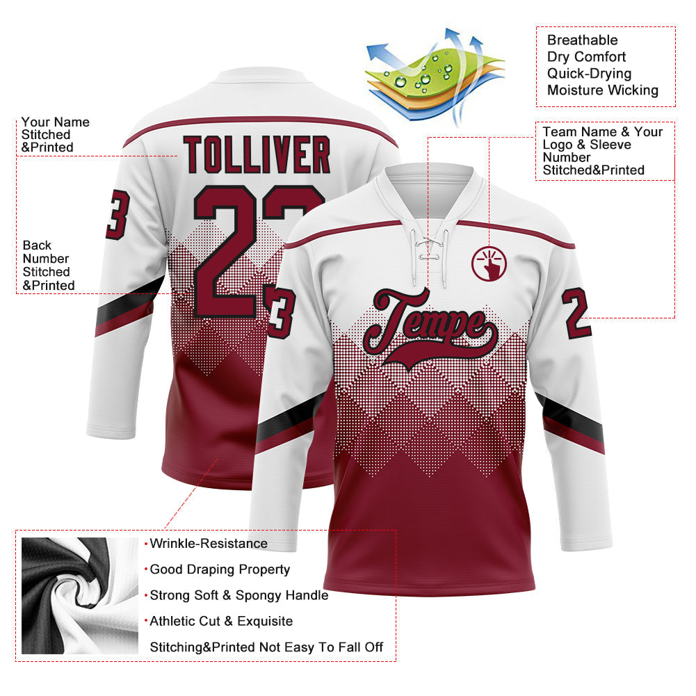 Custom White Crimson-Black 3D Pattern Gradient Square Shapes Hockey Lace Neck Jersey view 3
