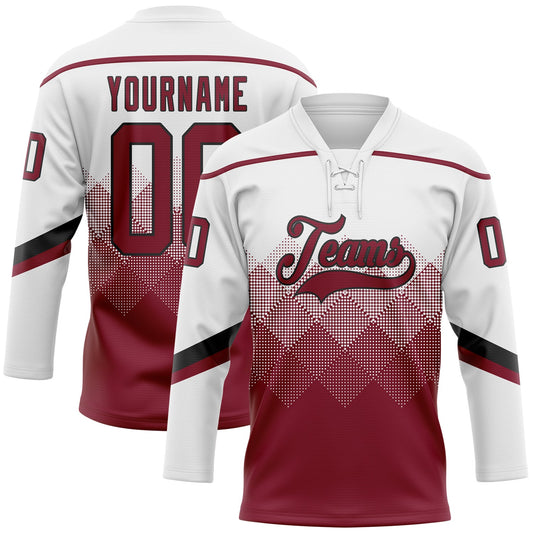 Custom White Crimson-Black 3D Pattern Gradient Square Shapes Hockey Lace Neck Jersey - Main View