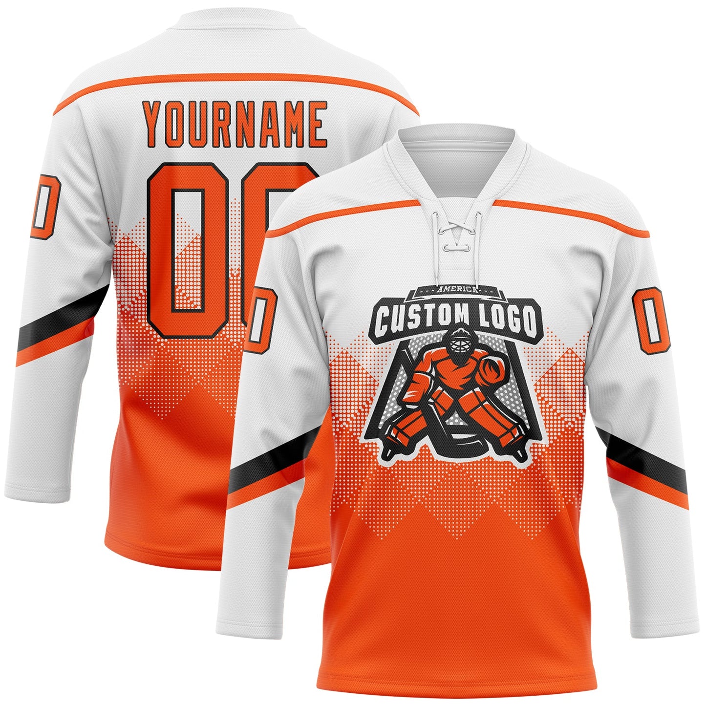 Custom White Orange-Black 3D Pattern Gradient Square Shapes Hockey Lace Neck Jersey view 2