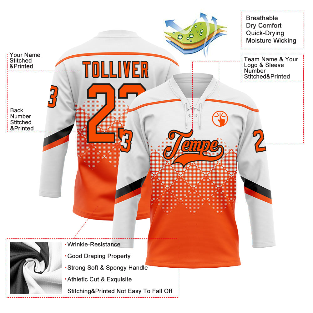 Custom White Orange-Black 3D Pattern Gradient Square Shapes Hockey Lace Neck Jersey view 3